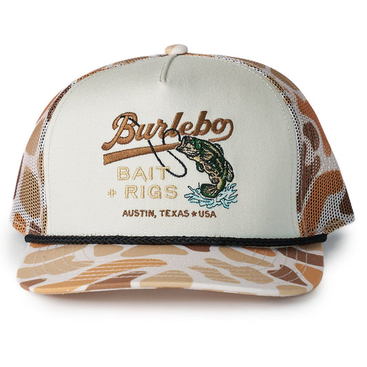 Trucker hat with Burdeco Bait Rigs logo on a white background