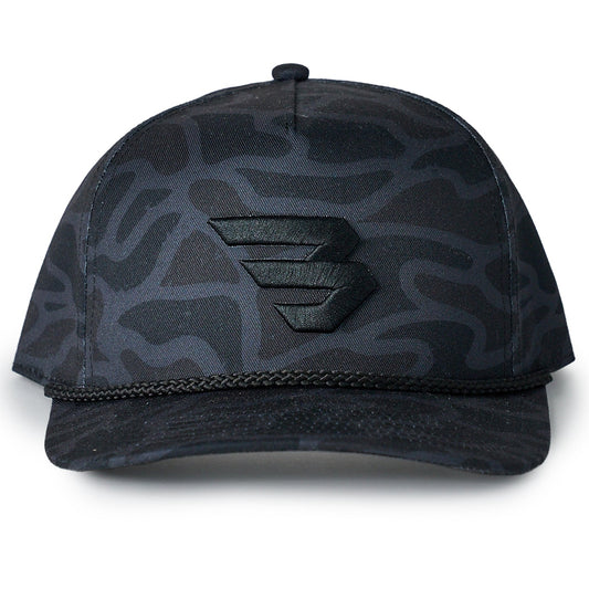 Black camouflage baseball cap on a white background