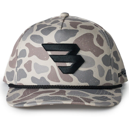 Camouflage-patterned cap with a logo on a white background
