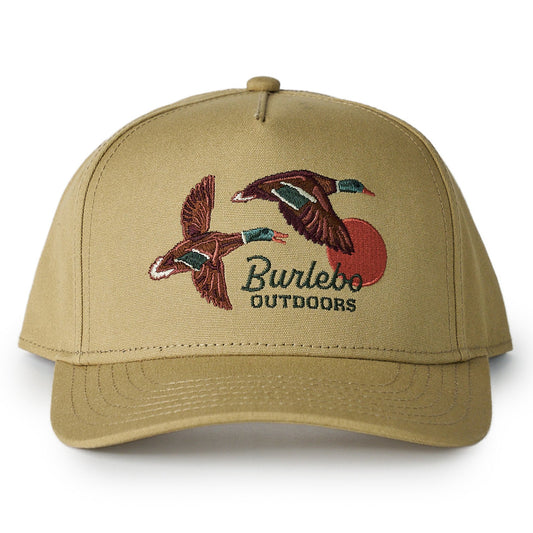 Beige cap with duck design and 'Burlebo Outdoors' text on a white background