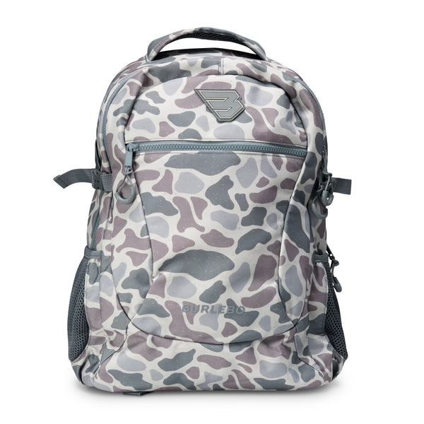 Front of the Classic Deer Camo Backpack with a gray B logo badge, zip front pocket, and mesh side pockets