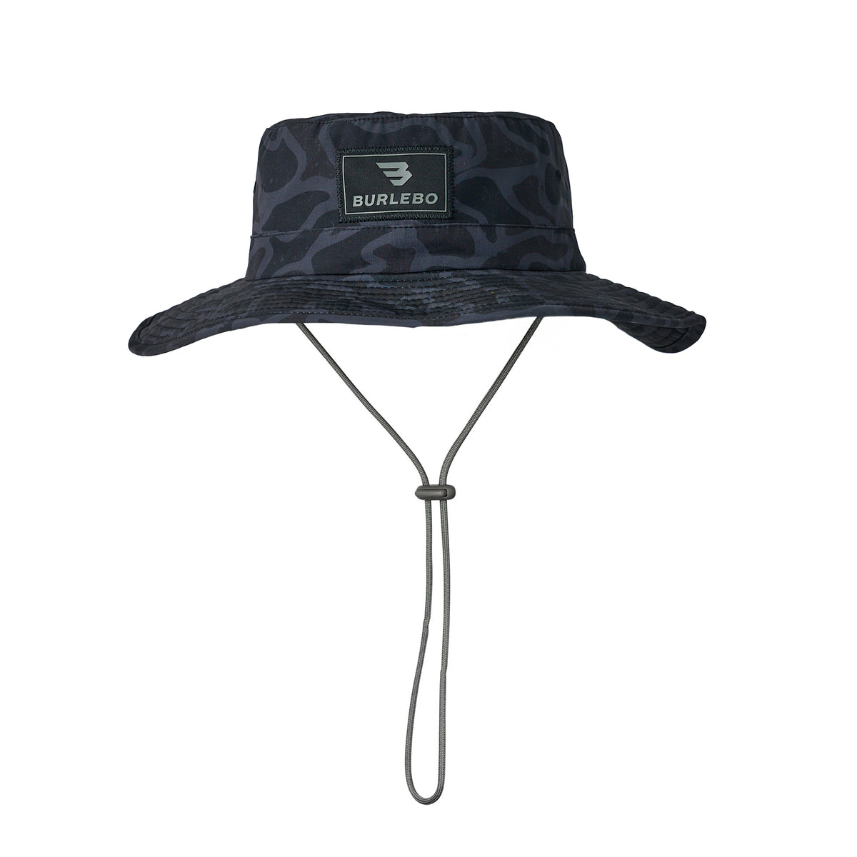 Black camouflage bucket hat with a brand logo on a white background