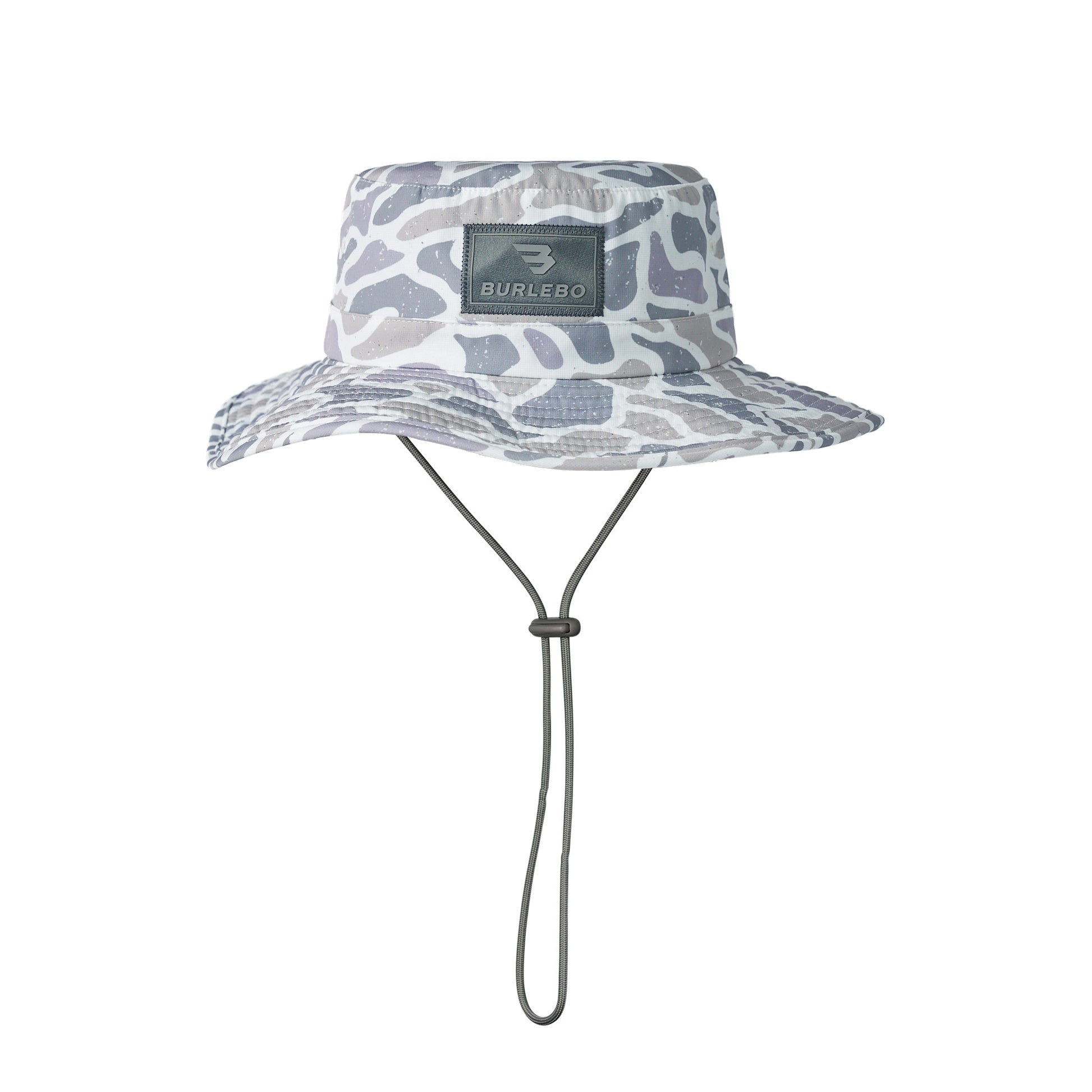 Bucket hat with camouflage pattern and brand logo on a white background