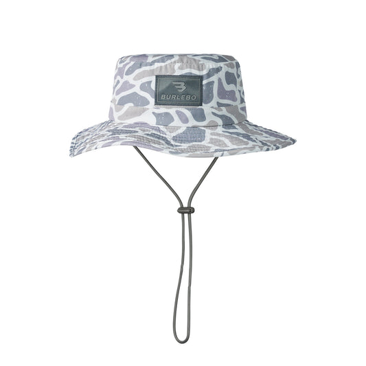 Bucket hat with camouflage pattern and brand logo on a white background