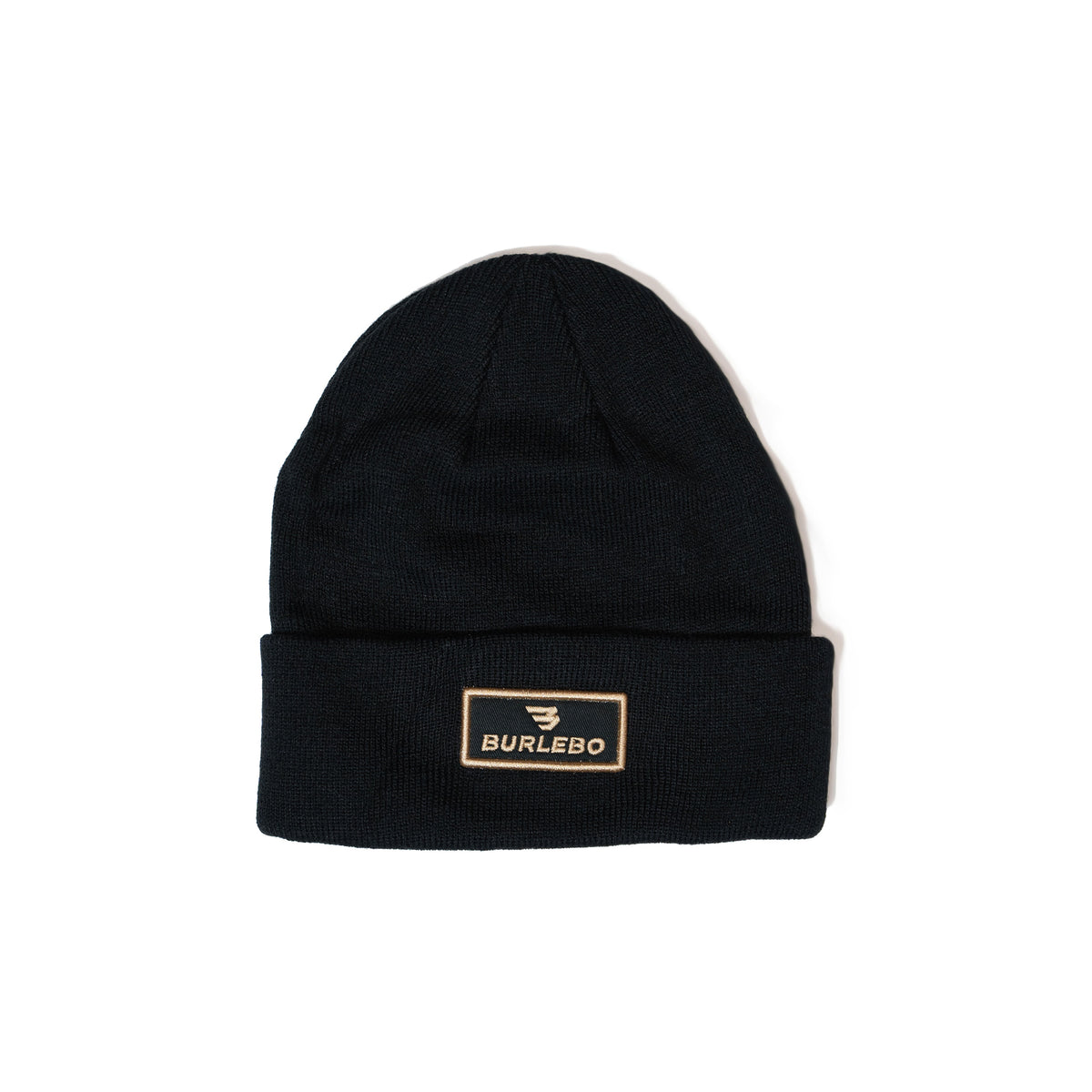 Black BURLEBO Beanie with a cuffed fold and tan-bordered BURLEBO logo patch