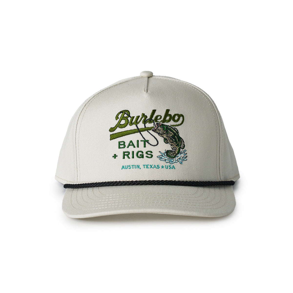 Beige cap with 'BURLEBO Bait + Rigs' logo on a white background