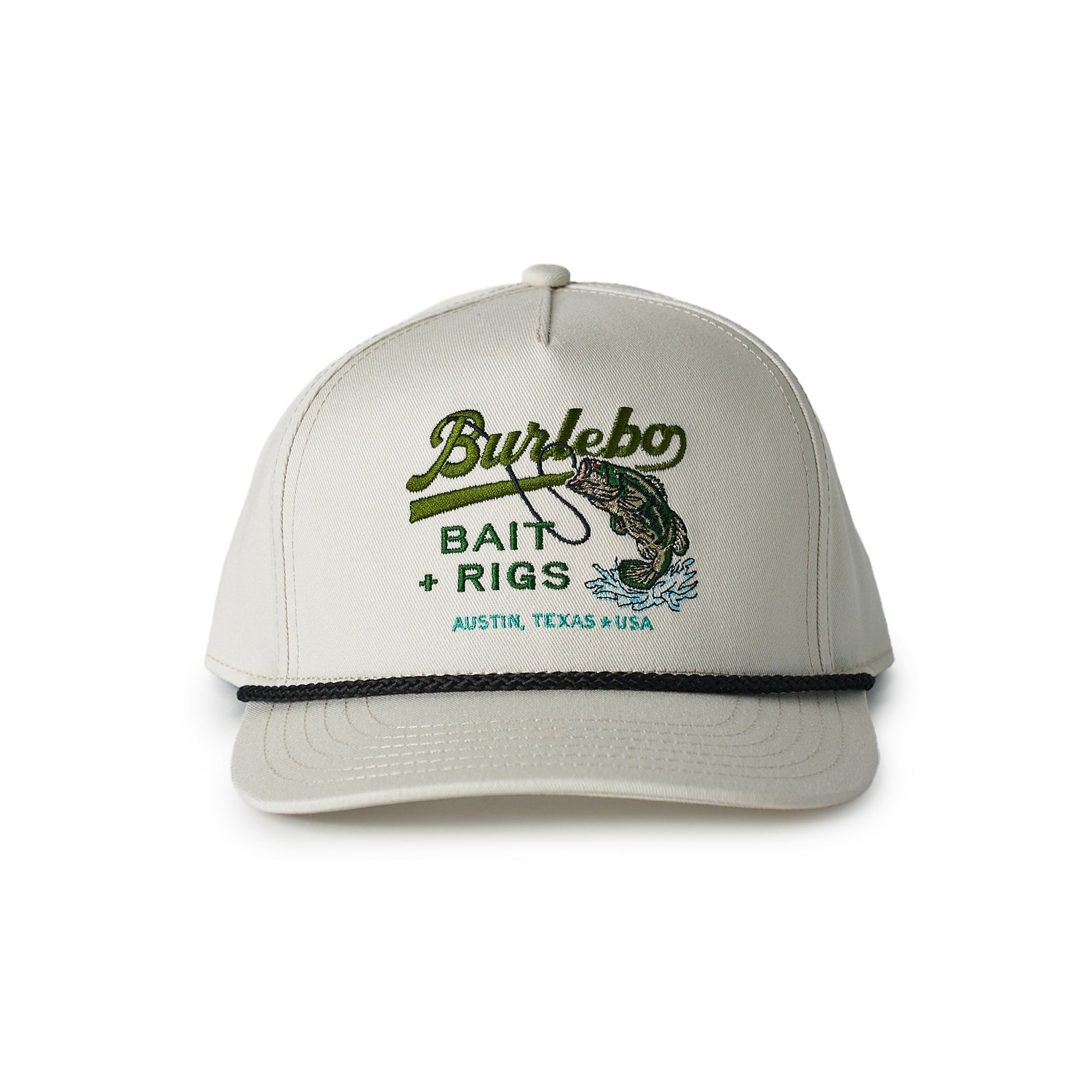 Beige cap with 'BURLEBO Bait + Rigs' logo on a white background