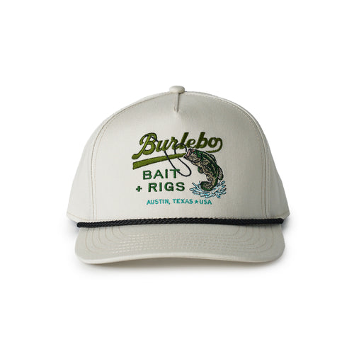 Beige cap with 'BURLEBO Bait + Rigs' logo on a white background