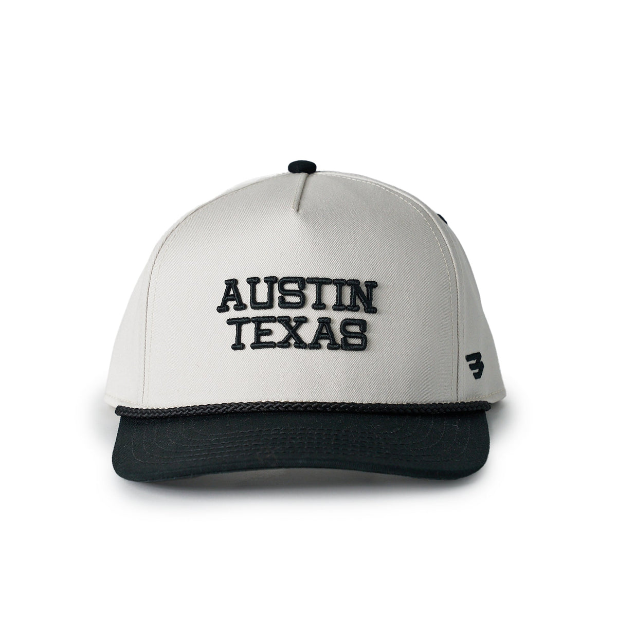 White and black cap with 'Austin Texas' text on a white background