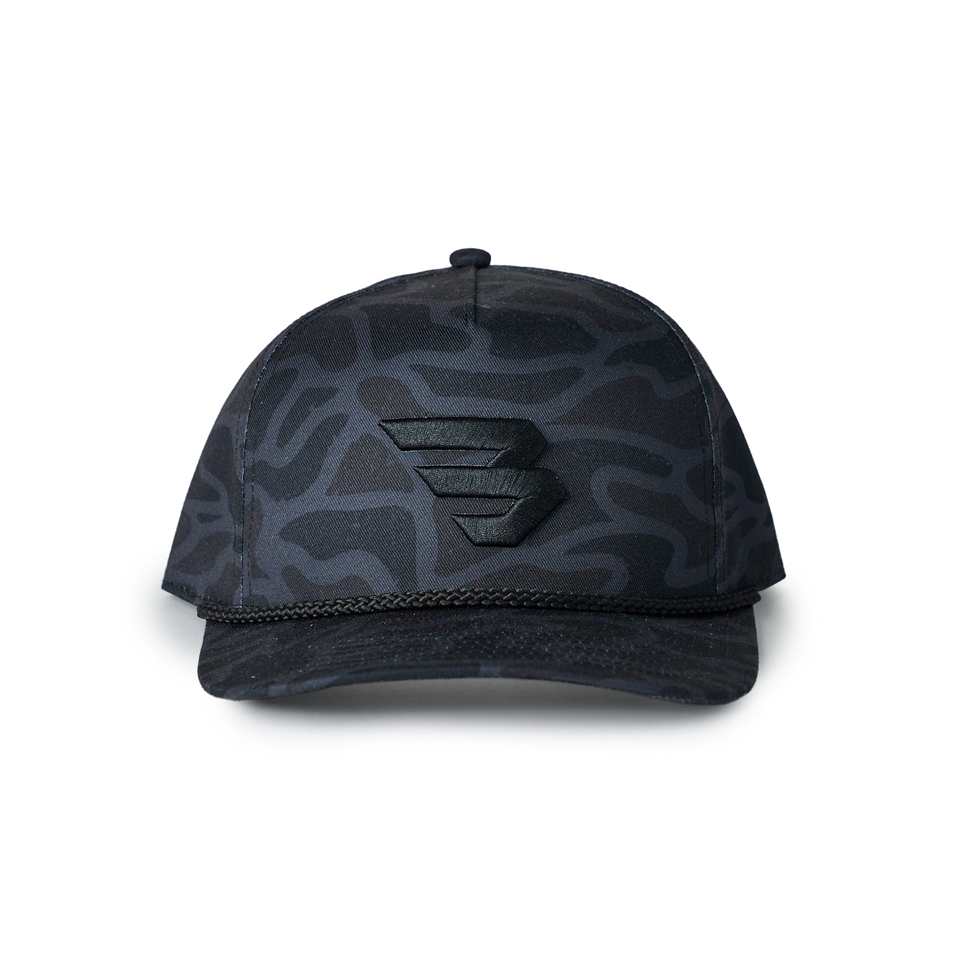 Black camouflage baseball cap on a white background