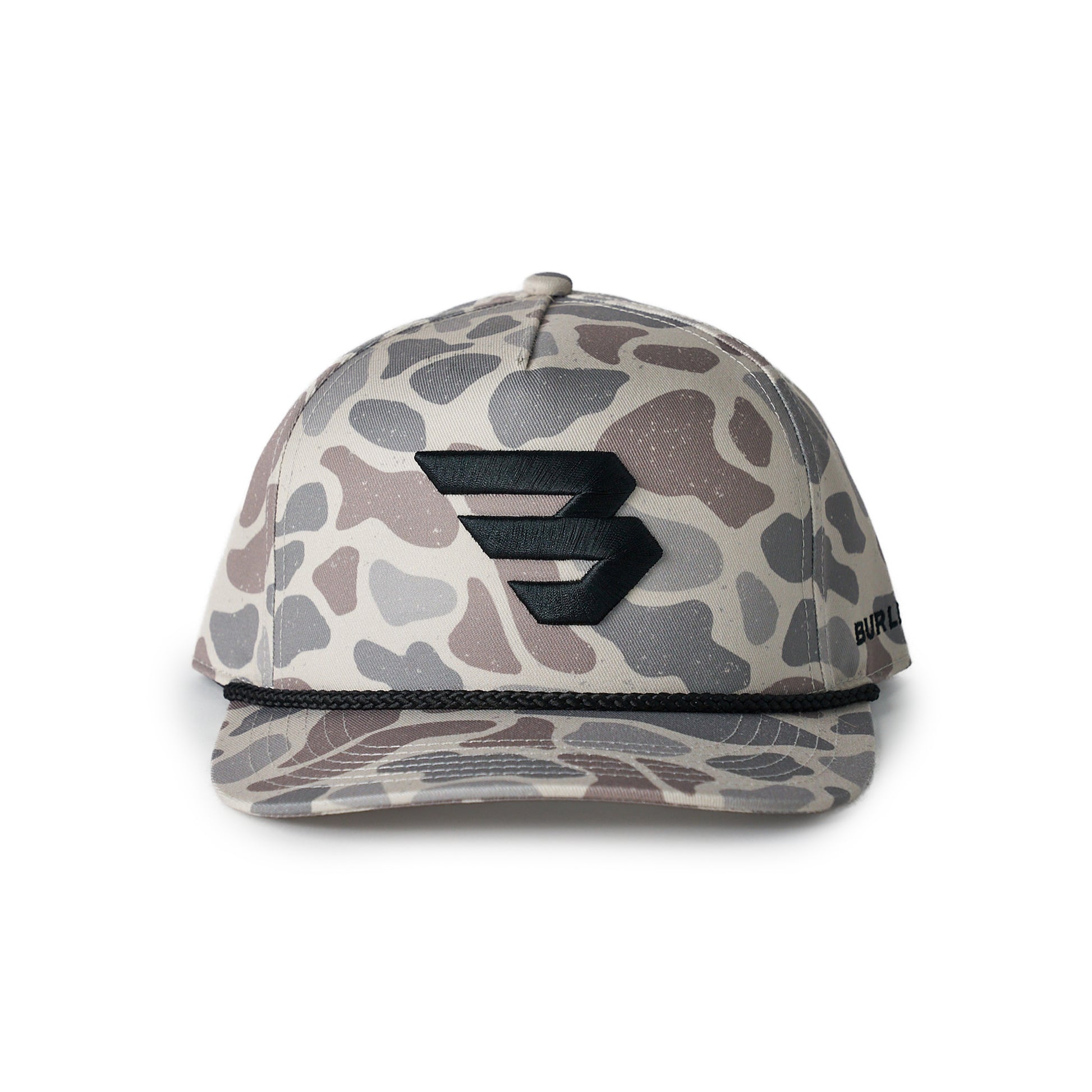 Camouflage-patterned cap with a logo on a white background