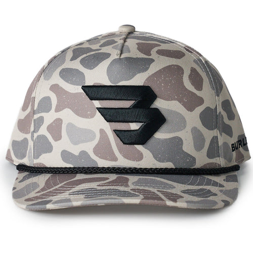 Camouflage-patterned cap with a logo on a white background