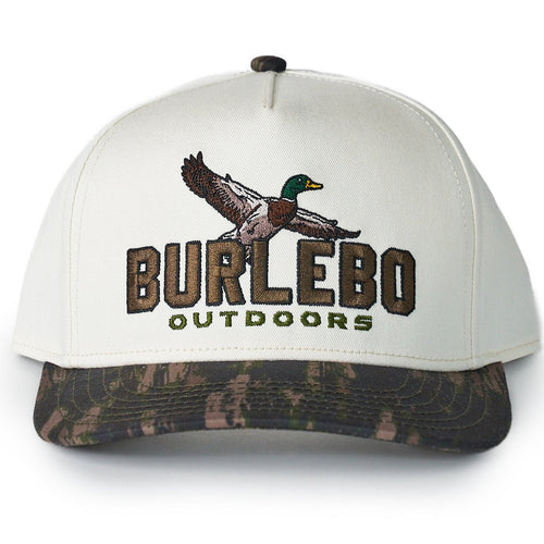 White cap with camouflage brim and Burlebo Outdoors logo on a white background