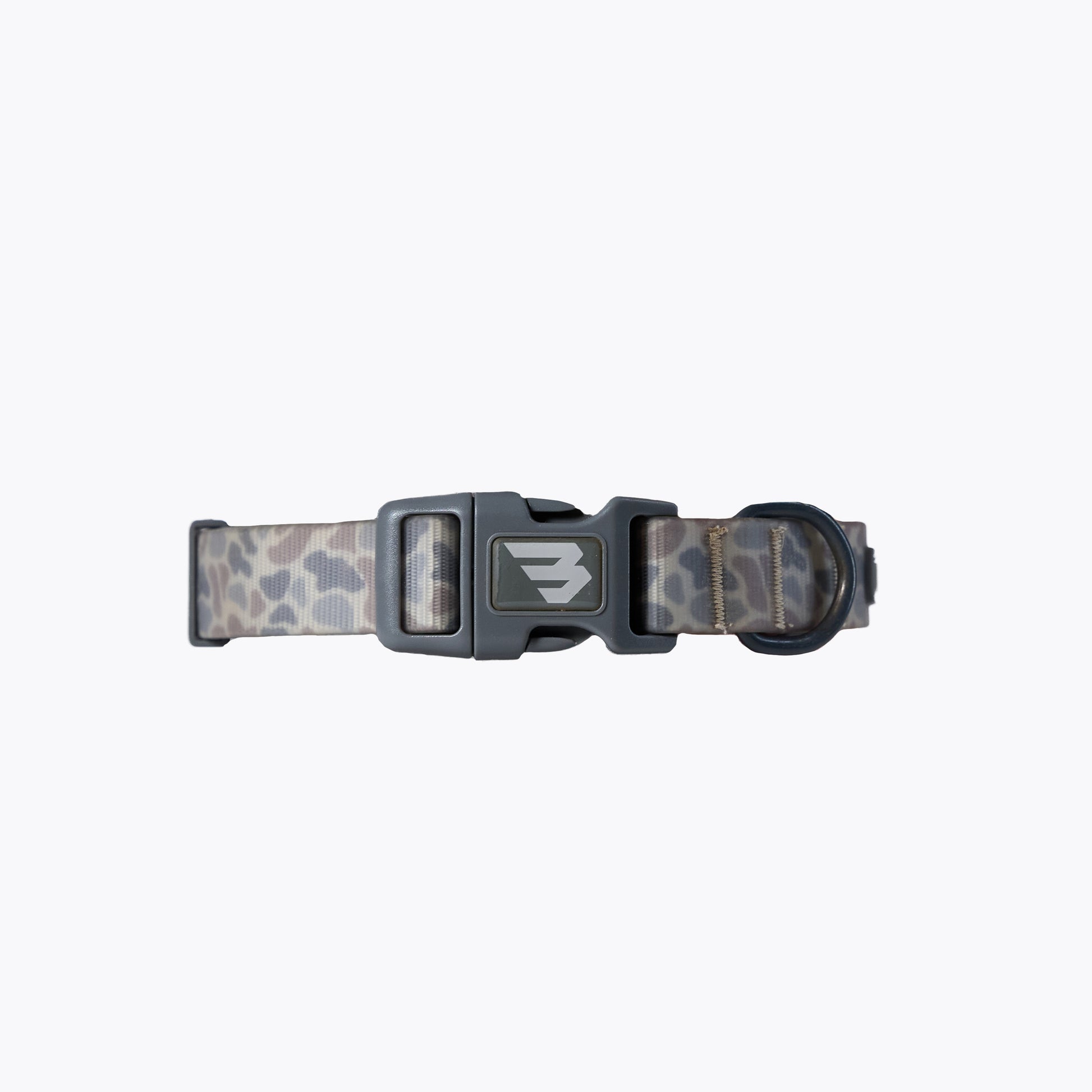 Dog collar with camouflage pattern and brand logo on a white background