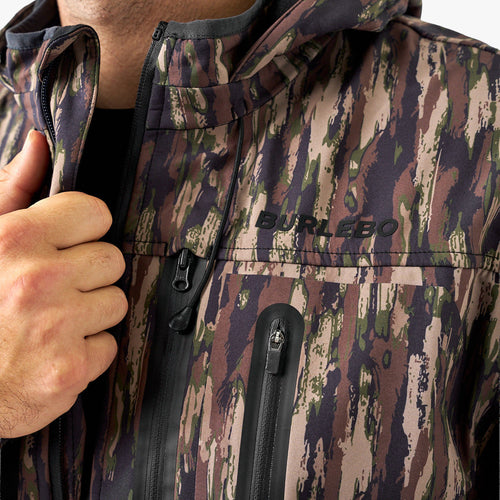 Camouflage jacket with a hand holding the hood, featuring the brand 'Burlebo'.