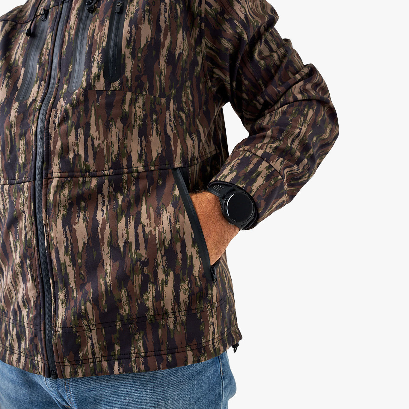 Camouflage jacket worn by a person on a white background