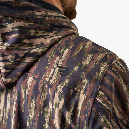 Camouflage jacket with a brand logo on a white background