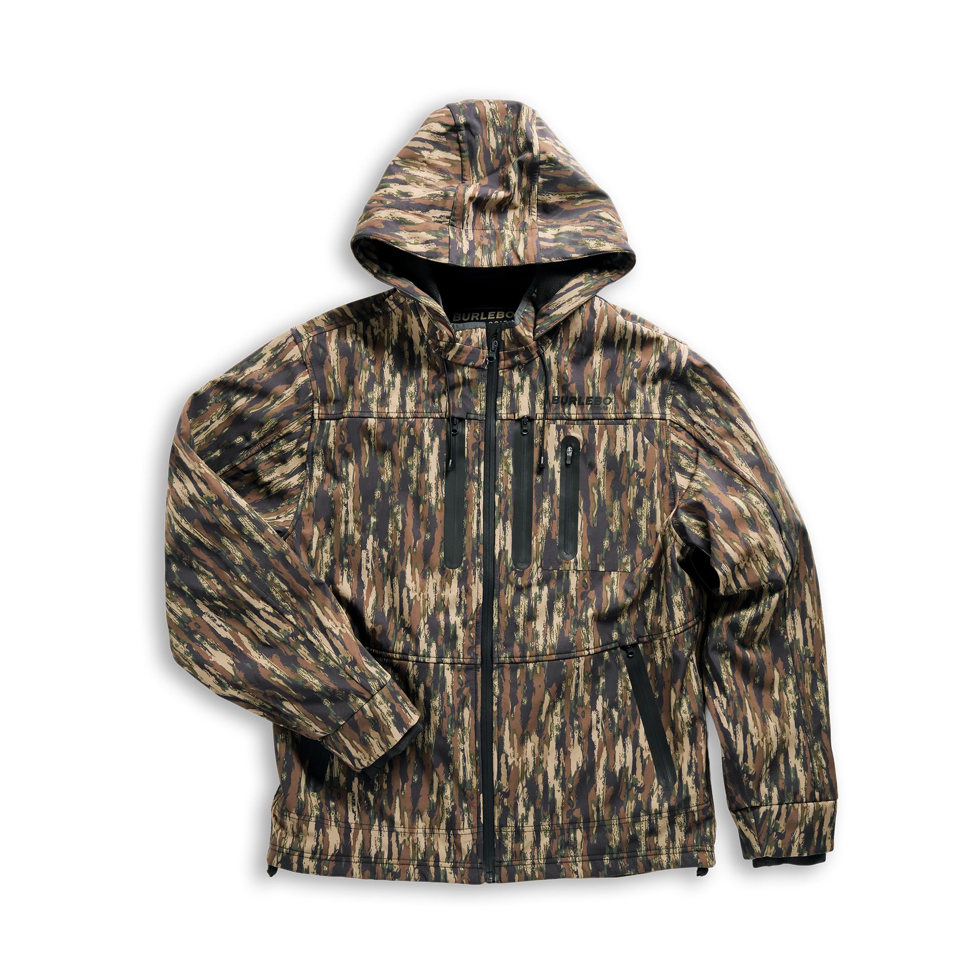 Camouflage jacket with a hood on a white background