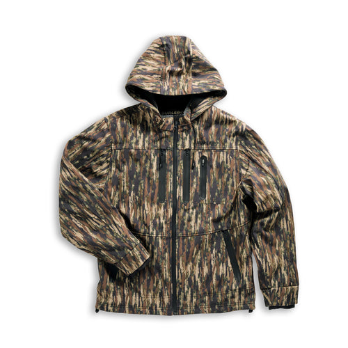 Camouflage jacket with a hood on a white background