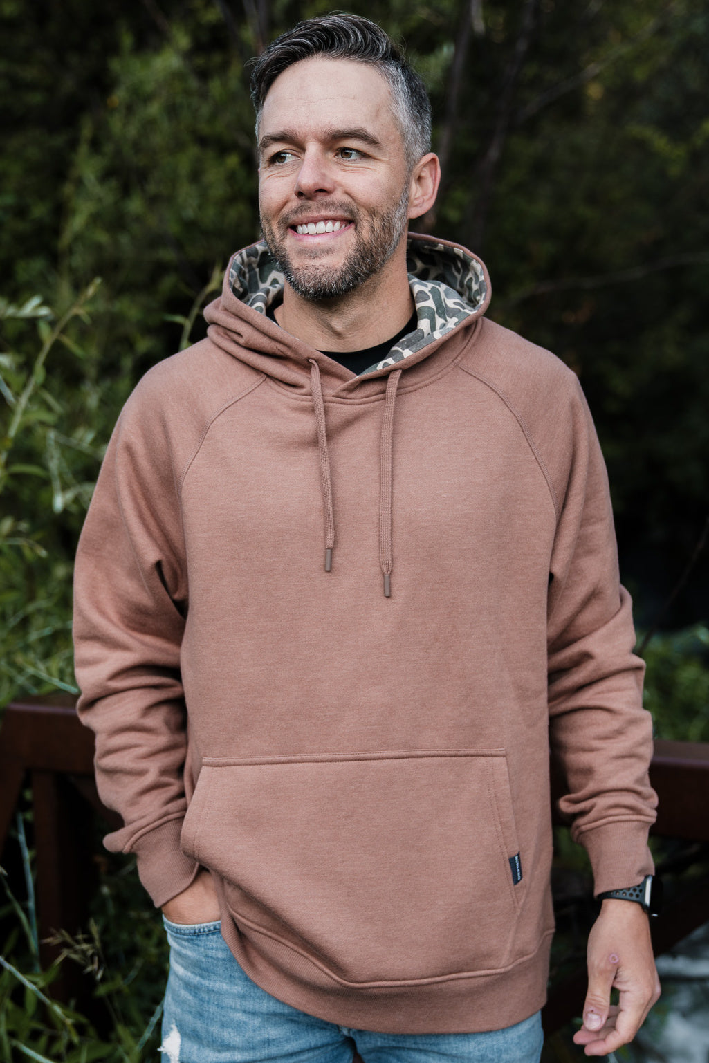 Fleece Hoodie - Heather Brown - Classic Deer Camo Hood