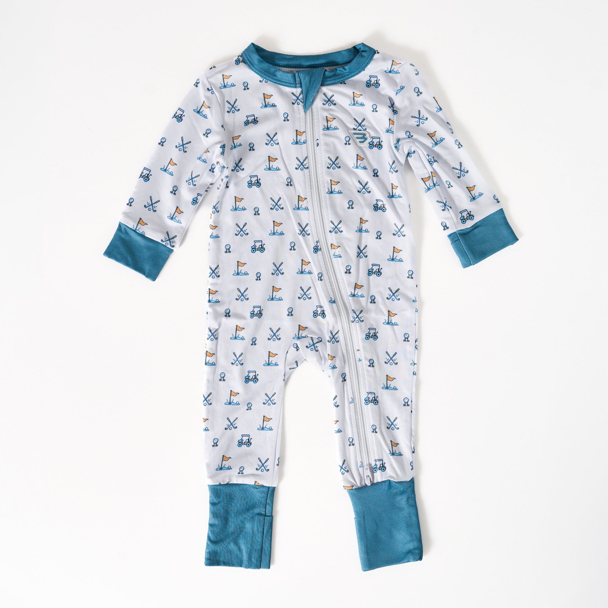 Children's onesie with blue and multicolor pattern on a white background