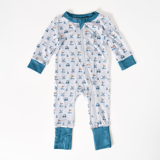 Children's onesie with blue and multicolor pattern on a white background