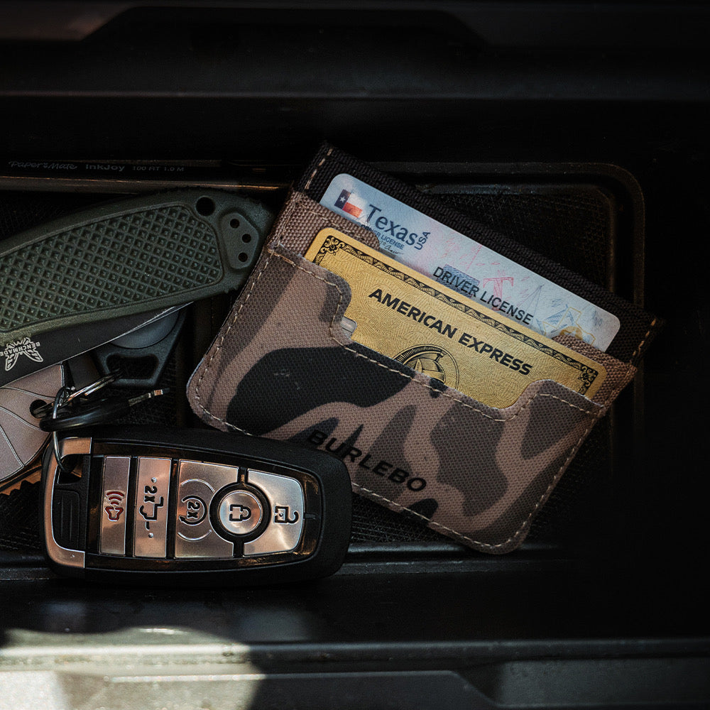 Camouflage wallet with driver's license and car key fob on a dark surface