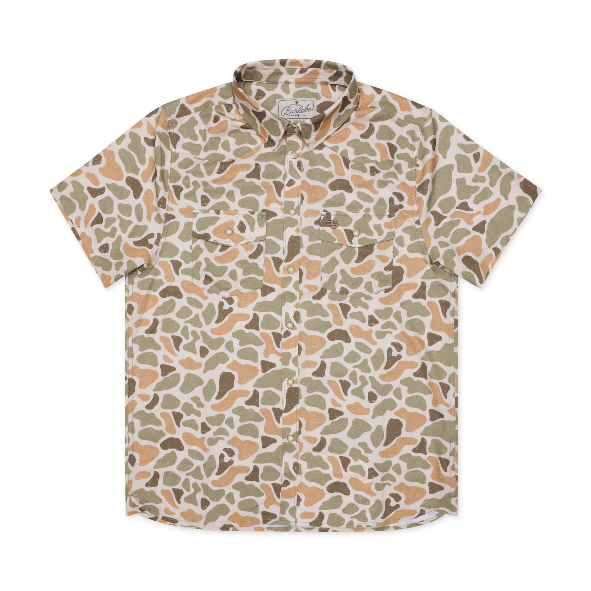 Short-sleeve shirt with a camouflage pattern on a white background