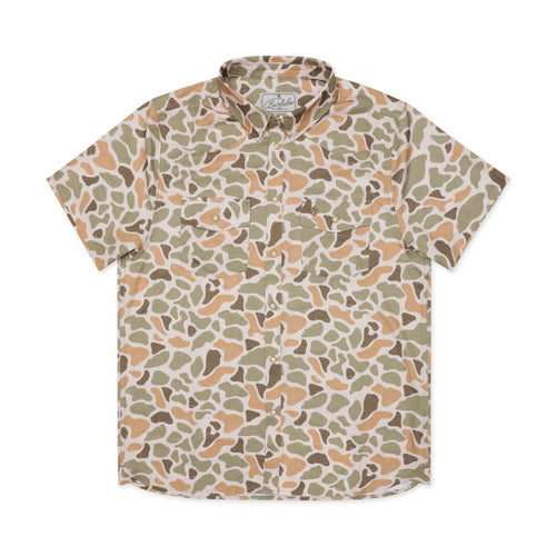 Short-sleeve shirt with a camouflage pattern on a white background