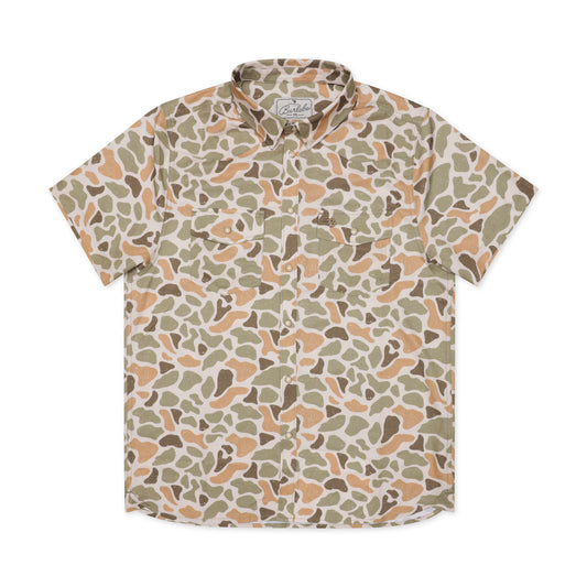 Short-sleeve shirt with a camouflage pattern on a white background