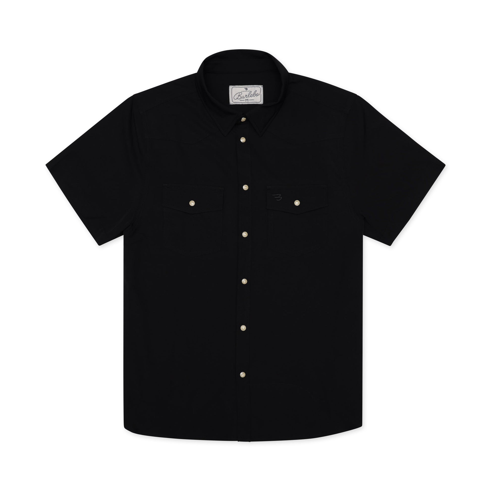 Black short-sleeve shirt with white buttons on a white background