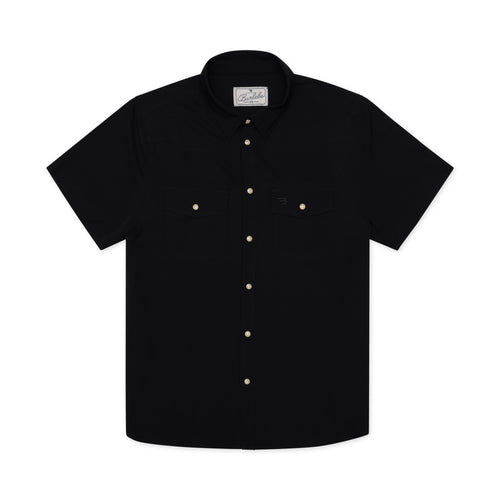 Black short-sleeve shirt with white buttons on a white background