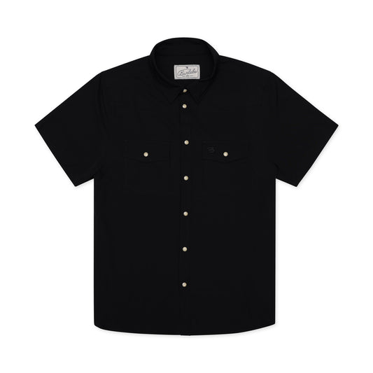 Black short-sleeve shirt with white buttons on a white background