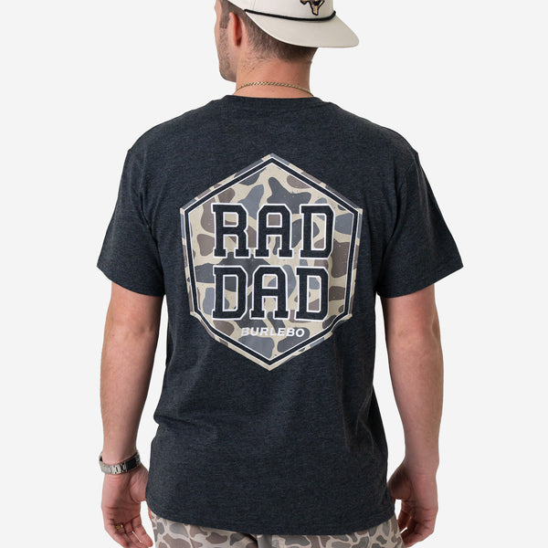 Back of the Heather Black Rad Dad Short Sleeve Tee with a camo hexagon Rad Dad graphic