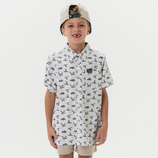 Youth Performance Button Up - Flying Mallard Ducks White