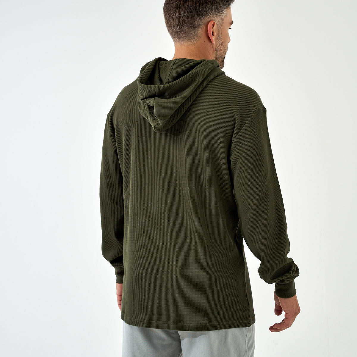 Back of the Mallard Green Thermal Hoodie showing the hood