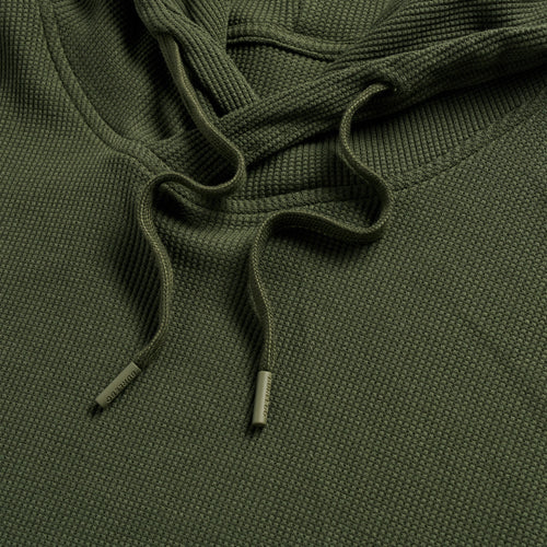 Detail of the Mallard Green Thermal Hoodie drawstrings and tipped ends