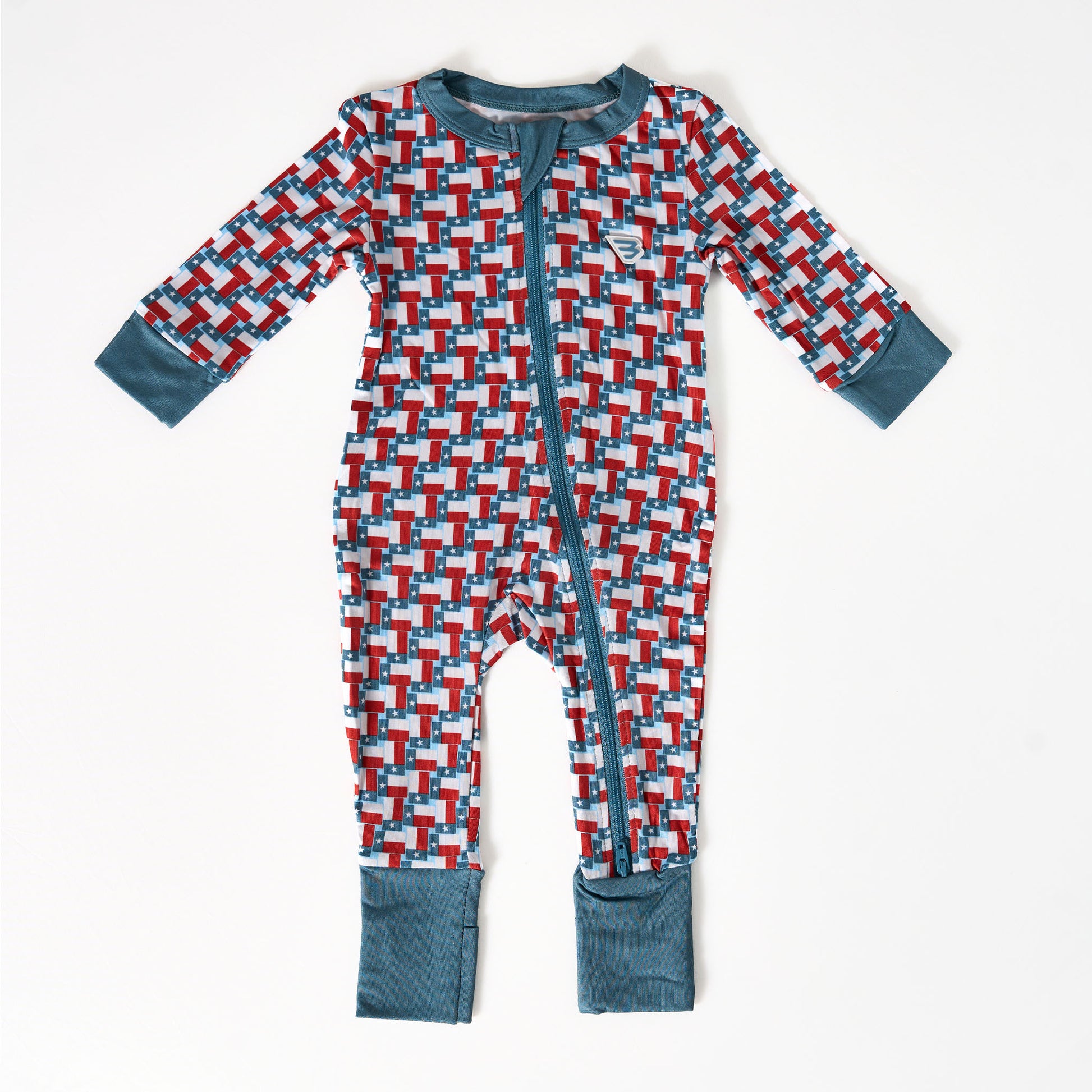 Children's onesie with geometric pattern on a white background