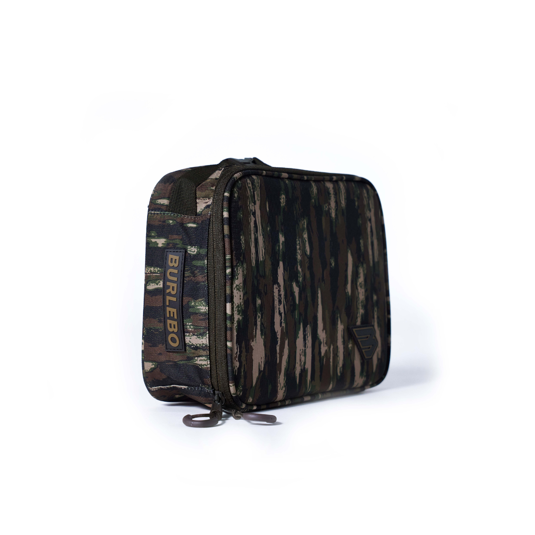 Camouflage-patterned pouch with 'Burlebo' branding on a white background