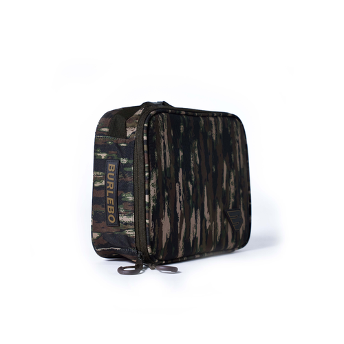 Camouflage-patterned pouch with 'Burlebo' branding on a white background