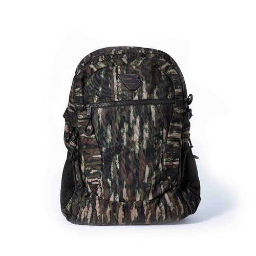 Camouflage backpack with a brand logo on a white background