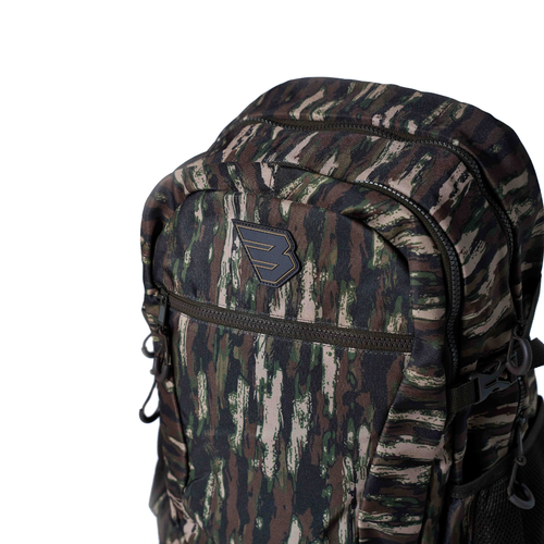 Camouflage backpack with a logo on a white background