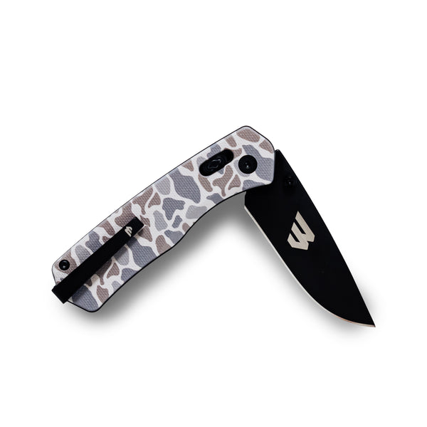 Williams Knife Co Classic Deer Camo Everyday Carry Knife partly opened, showing the black blade and pocket clip