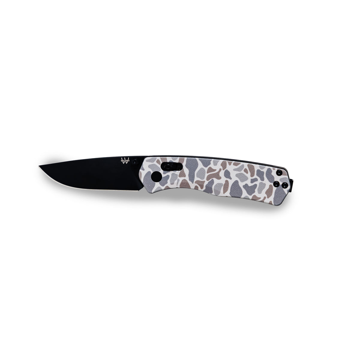 Reverse side of the open Williams Knife Co Classic Deer Camo Everyday Carry Knife with black blade
