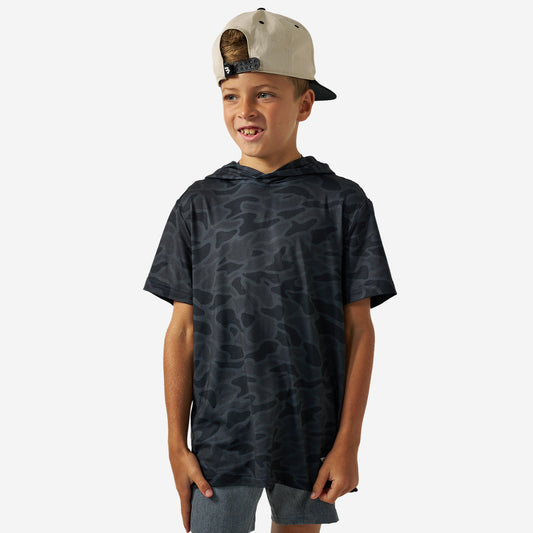 Youth Short Sleeve Performance Hoodie - Black Camo