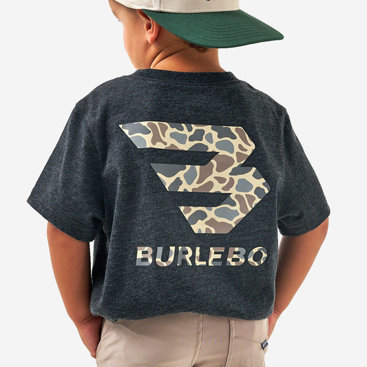 Youth Short Sleeve Tee - Flying B Deer Camo Logo - Heather Black