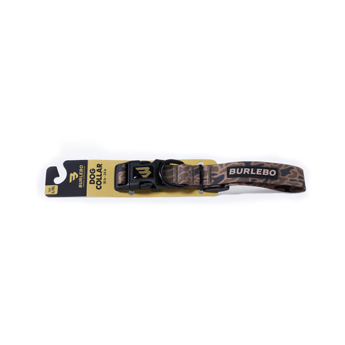 Dog collar with leopard print pattern on a Burlebo branded packaging against a white background