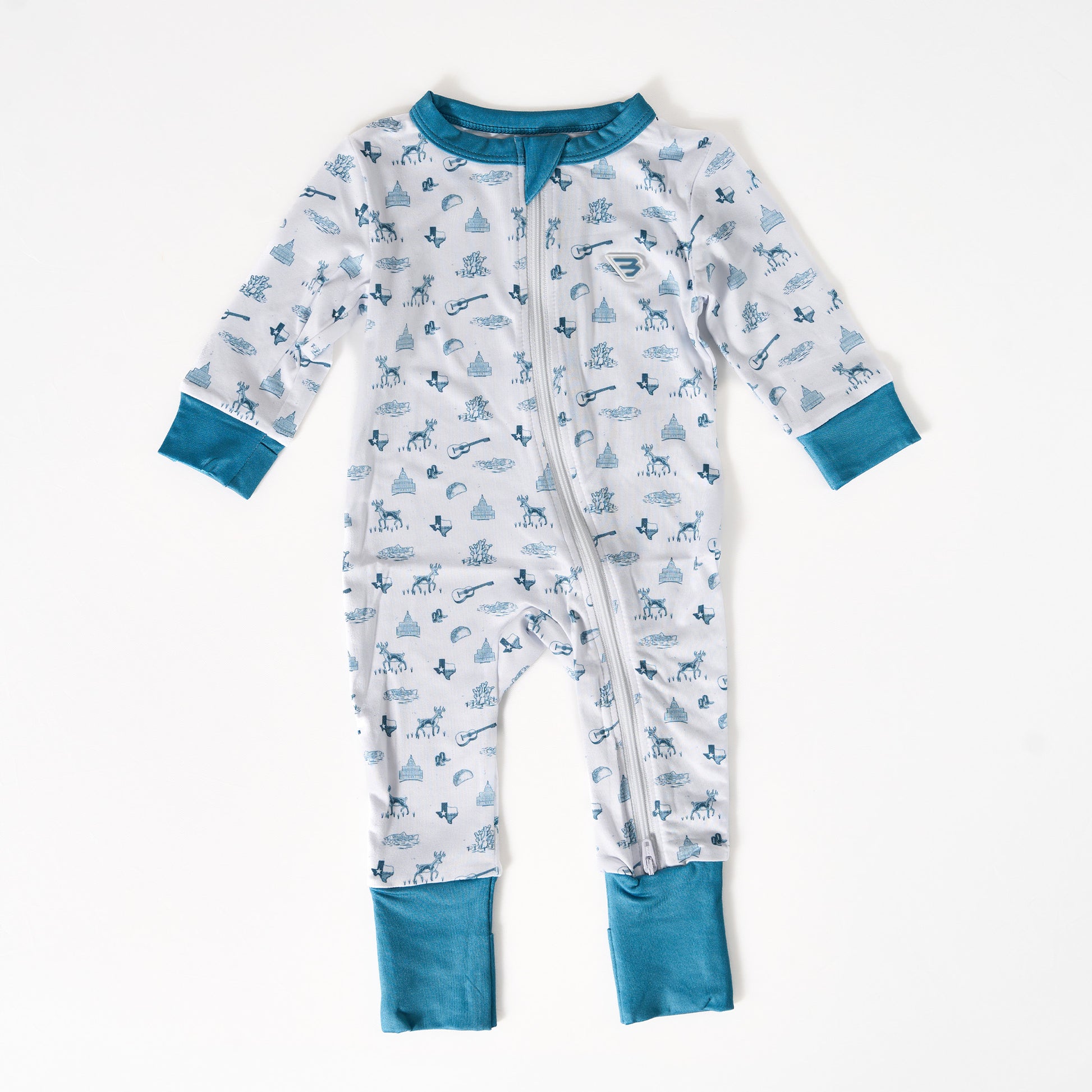 Baby onesie with blue animal pattern on a white background