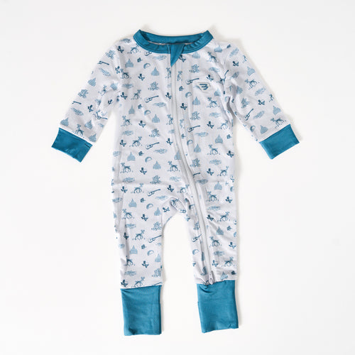 Baby onesie with blue animal pattern on a white background